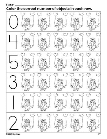 Free printable couple Valentine's Day count and color worksheet for preschoolers, Valentine's Day coloring page and counting worksheet numbers 0-5, PDF
