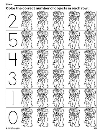 Free printable couple Valentine's Day count and color worksheet for preschoolers, Valentine's Day coloring page and counting worksheet numbers 0-5, PDF