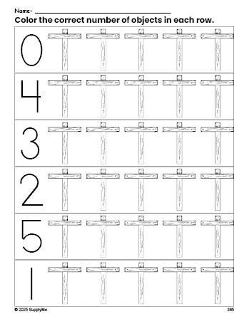 Free printable cross Easter count and color worksheet for preschoolers, Easter coloring page and counting worksheet numbers 0-5, PDF