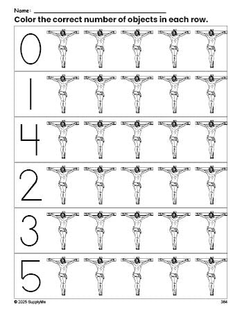 Free printable crucifixion Easter count and color worksheet for preschoolers, Easter coloring page and counting worksheet numbers 0-5, PDF