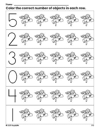 Free printable cupid Valentine's Day count and color worksheet for preschoolers, Valentine's Day coloring page and counting worksheet numbers 0-5, PDF