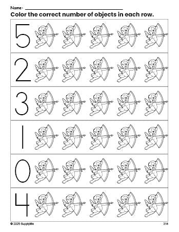 Free printable cupid Valentine's Day count and color worksheet for preschoolers, Valentine's Day coloring page and counting worksheet numbers 0-5, PDF