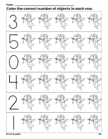 Free printable cupid Valentine's Day count and color worksheet for preschoolers, Valentine's Day coloring page and counting worksheet numbers 0-5, PDF