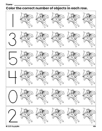 Free printable cupid Valentine's Day count and color worksheet for preschoolers, Valentine's Day coloring page and counting worksheet numbers 0-5, PDF