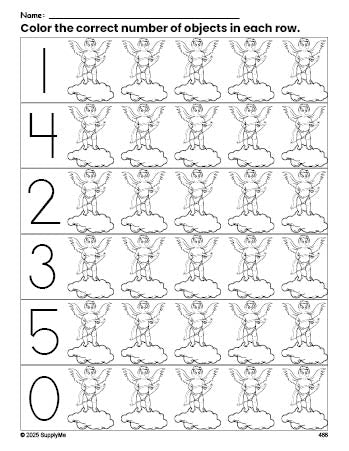 Free printable cupid Valentine's Day count and color worksheet for preschoolers, Valentine's Day coloring page and counting worksheet numbers 0-5, PDF