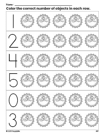 Free printable cupid Valentine's Day count and color worksheet for preschoolers, Valentine's Day coloring page and counting worksheet numbers 0-5, PDF