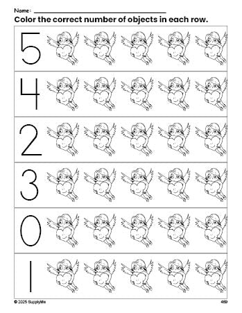 Free printable cupid Valentine's Day count and color worksheet for preschoolers, Valentine's Day coloring page and counting worksheet numbers 0-5, PDF