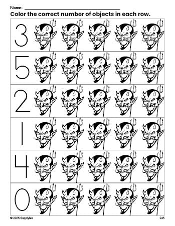 Free printable devil Halloween count and color worksheet for preschoolers, Halloween coloring page and counting worksheet numbers 0-5, PDF