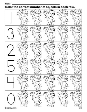 Free printable devil Halloween count and color worksheet for preschoolers, Halloween coloring page and counting worksheet numbers 0-5, PDF
