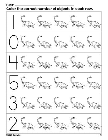 Free printable dinosaur count and color worksheet for preschoolers, dinosaur coloring page and counting worksheet numbers 0-5, PDF