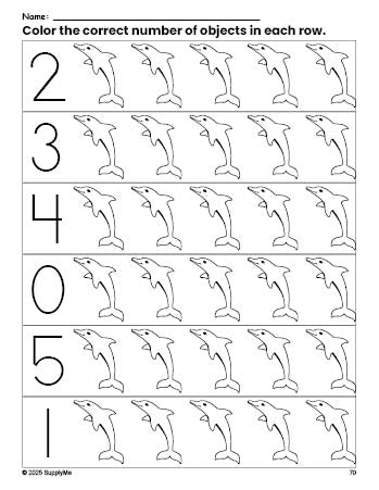 Free printable dolphin count and color worksheet for preschoolers, dolphin coloring page and counting worksheet numbers 0-5, PDF
