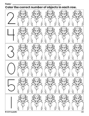 Free printable Dracula Halloween count and color worksheet for preschoolers, Halloween coloring page and counting worksheet numbers 0-5, PDF