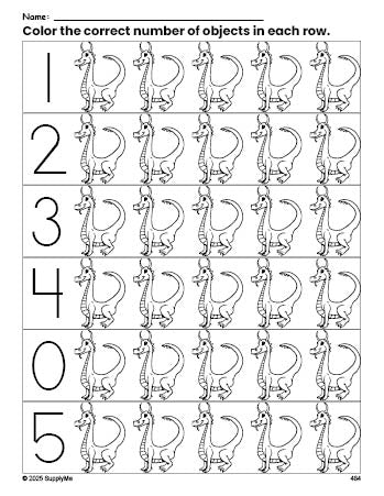 Free printable dragon count and color worksheet for preschoolers, dragon coloring page and counting worksheet numbers 0-5, PDF