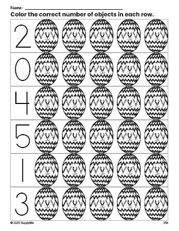 Free printable egg Easter count and color worksheet for preschoolers, Easter coloring page and counting worksheet numbers 0-5, PDF