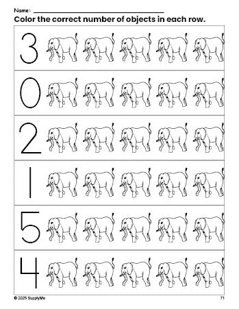 Free printable elephant count and color worksheet for preschoolers, elephant coloring page and counting worksheet numbers 0-5, PDF