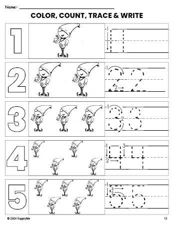 FREE Printable Elf Christmas Coloring Page and Number Tracing Worksheet ...
