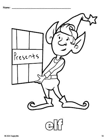 Free printable elf Christmas coloring page for preschool, pre-k, and kindergarten