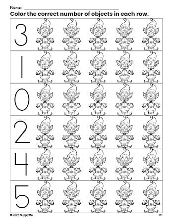 Free printable elf Christmas count and color worksheet for preschoolers, Christmas coloring page and counting worksheet numbers 0-5, PDF