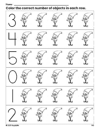 Free printable elf Christmas count and color worksheet for preschoolers, Christmas coloring page and counting worksheet numbers 0-5, PDF