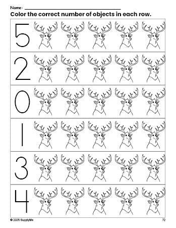 Free printable elk count and color worksheet for preschoolers, elk coloring page and counting worksheet numbers 0-5, PDF