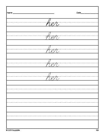 Free first grade sight word cursive tracing worksheet, high frequency word 'her', first 100 fry sight words, Dolch, PDF