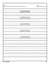 Free first grade sight word cursive tracing worksheet, high frequency word 'some', first 100 fry sight words, Dolch, PDF