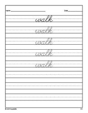 Free first grade sight word cursive tracing worksheet, high frequency word 'walk', third 100 fry sight words, Dolch, PDF