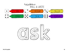 Free first grade worksheet, rainbow roll and write sight word tracing worksheet, beginner sight word for 1st graders and high frequency word 'ask', second 100 fry sight words, Dolch, PDF