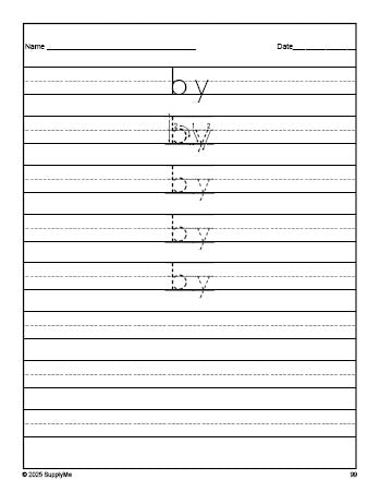 Free first grade sight word tracing worksheet, high frequency word 'by', first 100 fry sight words, Dolch, PDF