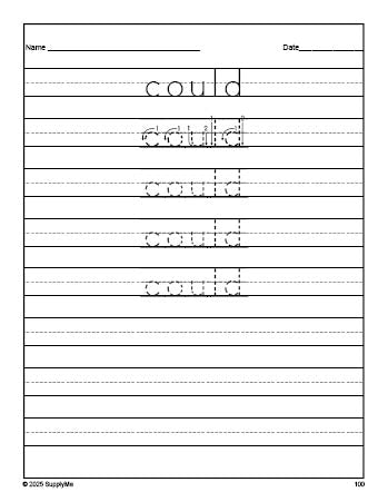 Free first grade sight word tracing worksheet, high frequency word 'could', first 100 fry sight words, Dolch, PDF