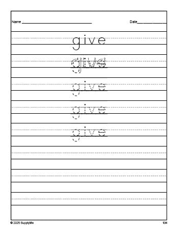 Free first grade sight word tracing worksheet, high frequency word 'give', second 100 fry sight words, Dolch, PDF