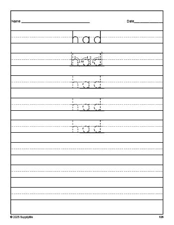 Free first grade sight word tracing worksheet, high frequency word 'had', first 100 fry sight words, Dolch, PDF