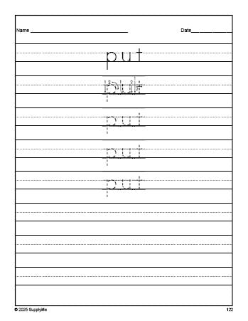 Free first grade sight word tracing worksheet, high frequency word 'put', second 100 fry sight words, Dolch, PDF