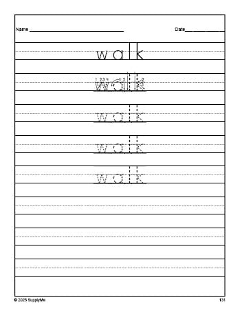 Free first grade sight word tracing worksheet, high frequency word 'walk', third 100 fry sight words, Dolch, PDF