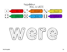 Free first grade worksheet, rainbow roll and write sight word tracing worksheet, beginner sight word for 1st graders and high frequency word 'were', first 100 fry sight words, Dolch, PDF