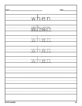 Free first grade sight word tracing worksheet, high frequency word 'when', first 100 fry sight words, Dolch, PDF