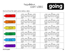 Free first grade worksheet, rainbow sight word tracing worksheet, beginner sight word for 1st graders and high frequency word 'going', Dolch, PDF