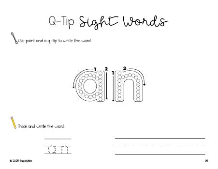 Free first grade worksheet, beginner sight word for 1st graders and high frequency word 'an', sight word worksheet includes q-tip painting, sight word tracing and handwriting, first 100 fry sight words, Dolch, PDF