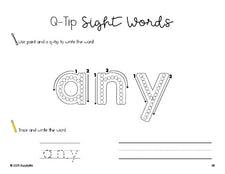 Free first grade worksheet, beginner sight word for 1st graders and high frequency word 'any', sight word worksheet includes q-tip painting, sight word tracing and handwriting, second 100 fry sight words, Dolch, PDF