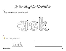 Free first grade worksheet, beginner sight word for 1st graders and high frequency word 'ask', sight word worksheet includes q-tip painting, sight word tracing and handwriting, second 100 fry sight words, Dolch, PDF