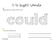 Free first grade worksheet, beginner sight word for 1st graders and high frequency word 'could', sight word worksheet includes q-tip painting, sight word tracing and handwriting, first 100 fry sight words, Dolch, PDF