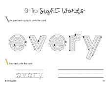 Free first grade worksheet, beginner sight word for 1st graders and high frequency word 'every', sight word worksheet includes q-tip painting, sight word tracing and handwriting, third 100 fry sight words, Dolch, PDF