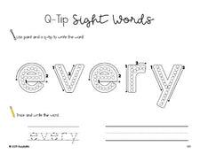 Free first grade worksheet, beginner sight word for 1st graders and high frequency word 'every', sight word worksheet includes q-tip painting, sight word tracing and handwriting, third 100 fry sight words, Dolch, PDF