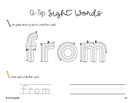 Free first grade worksheet, beginner sight word for 1st graders and high frequency word 'from', sight word worksheet includes q-tip painting, sight word tracing and handwriting, first 100 fry sight words, Dolch, PDF