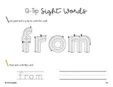 Free first grade worksheet, beginner sight word for 1st graders and high frequency word 'from', sight word worksheet includes q-tip painting, sight word tracing and handwriting, first 100 fry sight words, Dolch, PDF