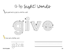 Free first grade worksheet, beginner sight word for 1st graders and high frequency word 'give', sight word worksheet includes q-tip painting, sight word tracing and handwriting, second 100 fry sight words, Dolch, PDF