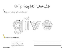 Free first grade worksheet, beginner sight word for 1st graders and high frequency word 'give', sight word worksheet includes q-tip painting, sight word tracing and handwriting, second 100 fry sight words, Dolch, PDF