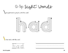 Free first grade worksheet, beginner sight word for 1st graders and high frequency word 'had', sight word worksheet includes q-tip painting, sight word tracing and handwriting, first 100 fry sight words, Dolch, PDF