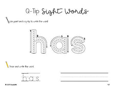 Free first grade worksheet, beginner sight word for 1st graders and high frequency word 'has', sight word worksheet includes q-tip painting, sight word tracing and handwriting, first 100 fry sight words, Dolch, PDF