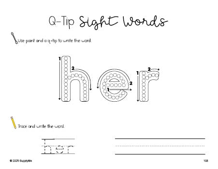 Free first grade worksheet, beginner sight word for 1st graders and high frequency word 'her', sight word worksheet includes q-tip painting, sight word tracing and handwriting, first 100 fry sight words, Dolch, PDF